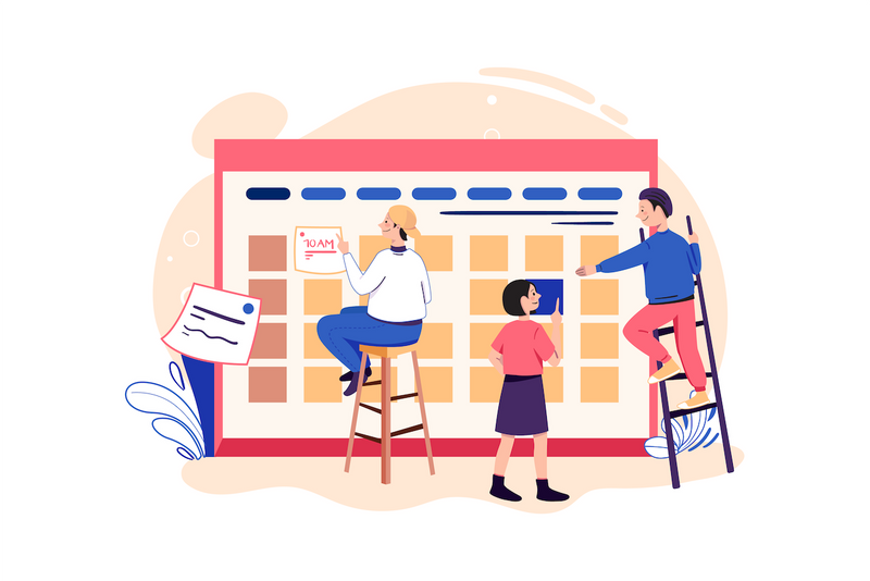 Equipe planejando datas de vendas em um grande calendário de parede