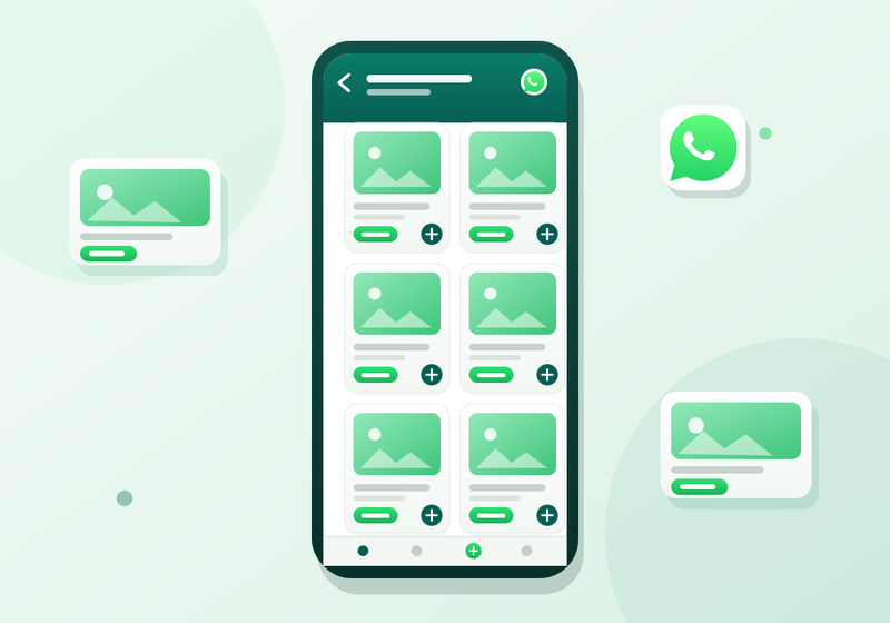Tela do catálogo de produtos do WhatsApp Business mostrando vários itens com preços e fotos