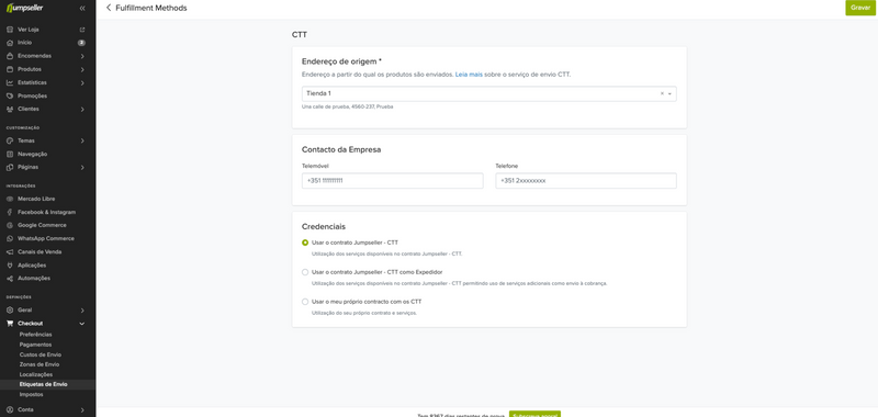 Configuração CTT no Jumpseller