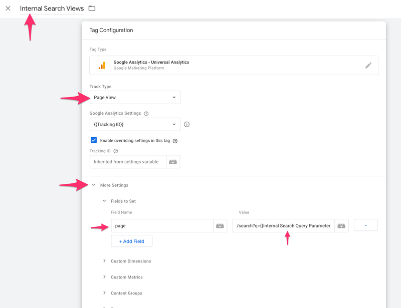google tag manager internal search view