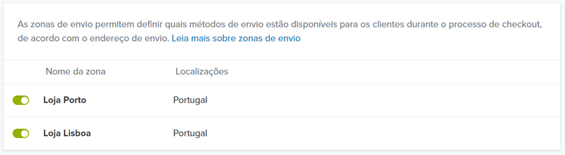 Localizações de estoque em uma zona de envio