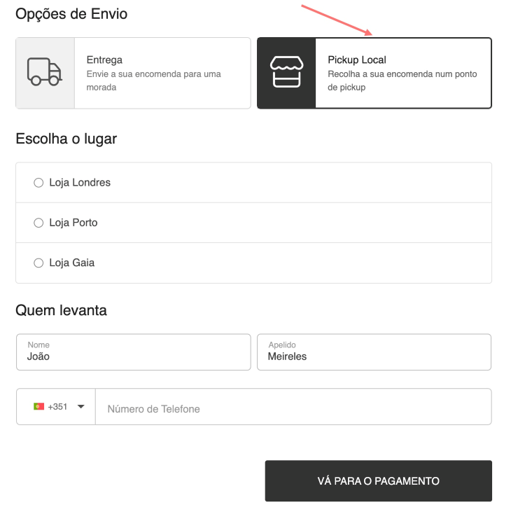 Seleção de retirada no checkout