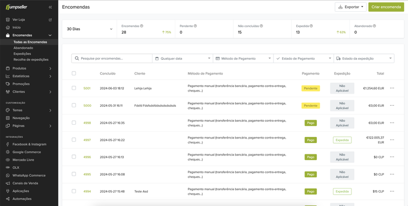 página de encomendas