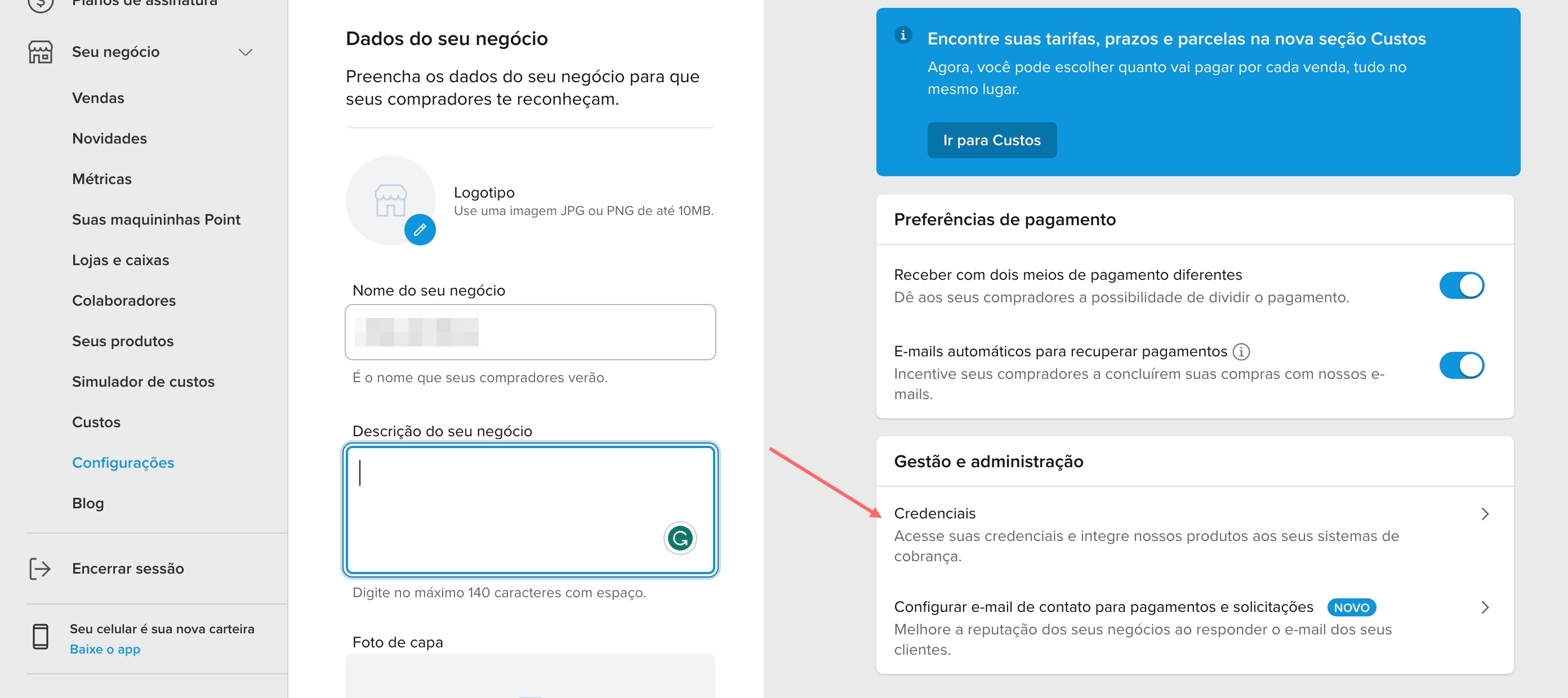 Menu credenciais