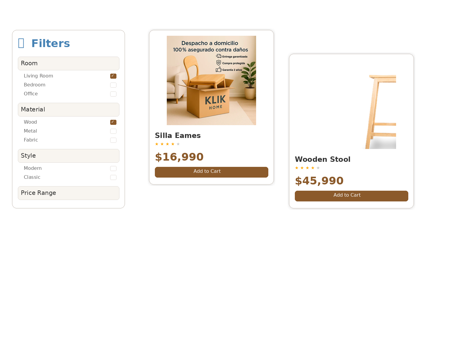 Variantes de produto para materiais, cores e dimensões