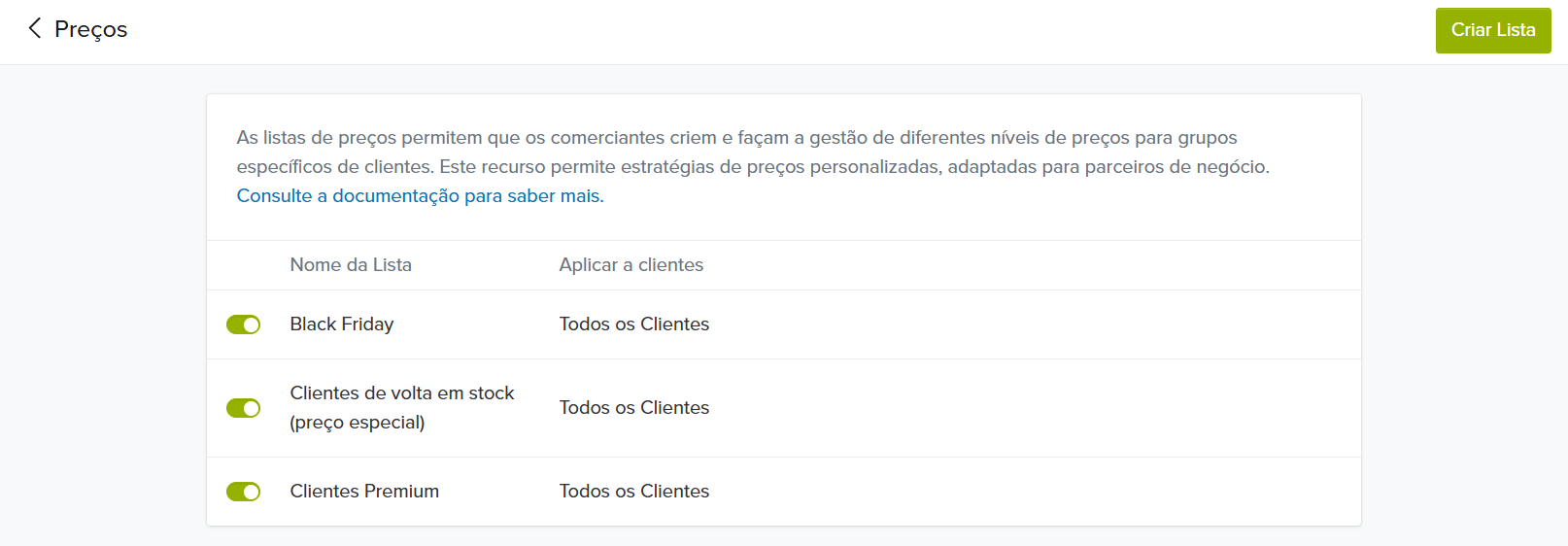 lista de preços