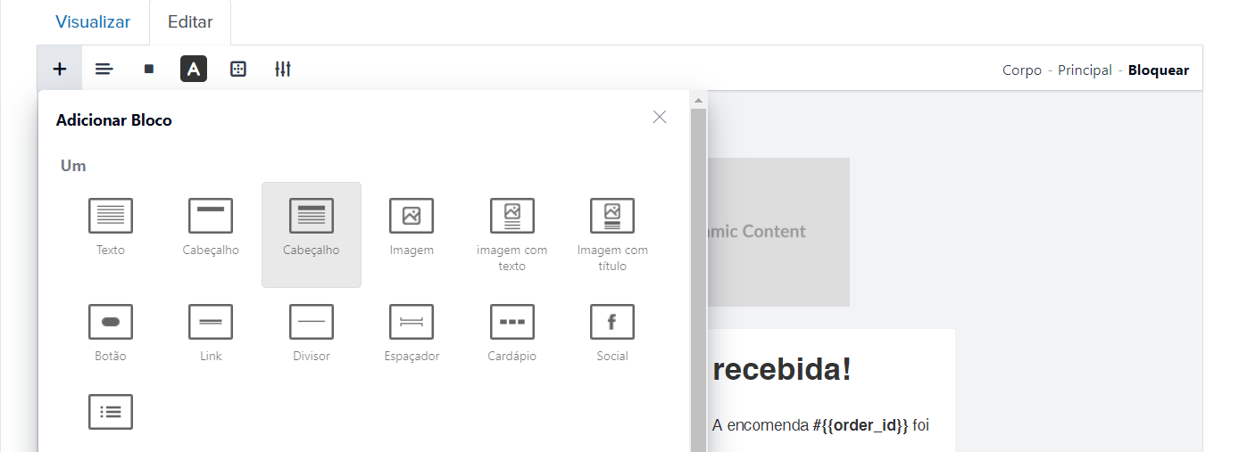Editor de e-mail - Adicionar bloco