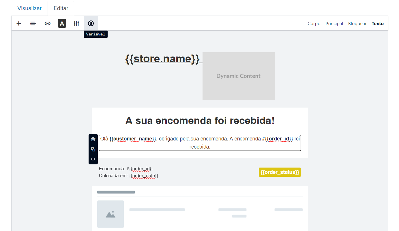 Editor de e-mail - Variável dinâmica
