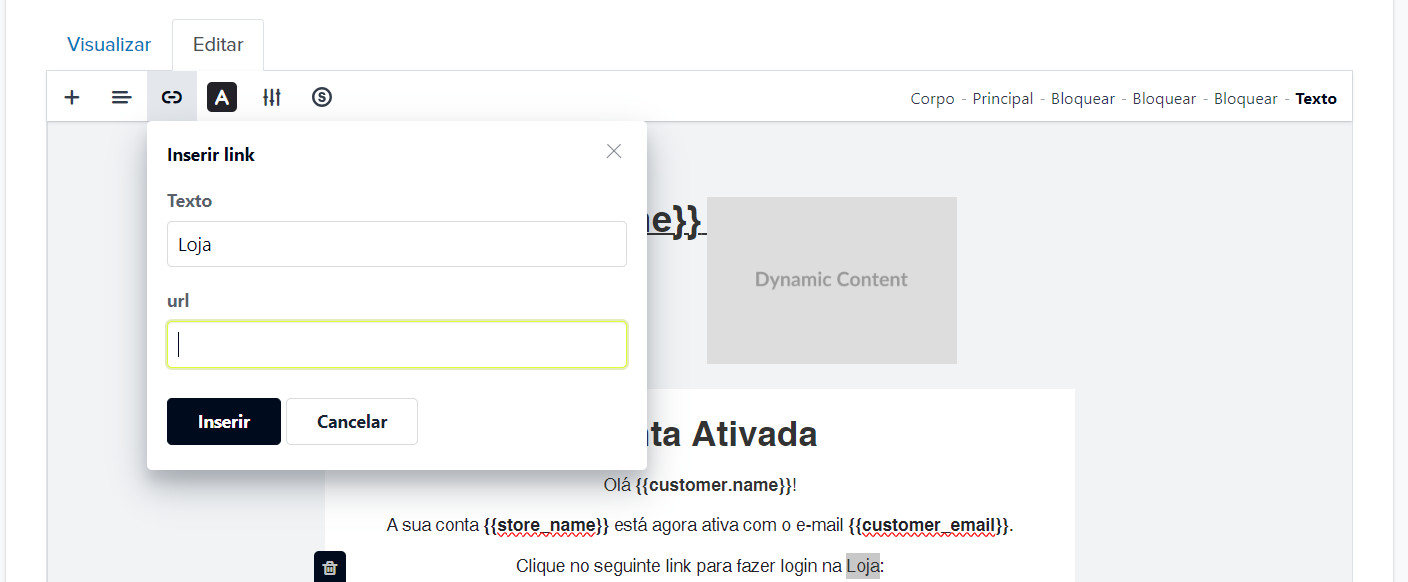Editor de e-mail - Editar link