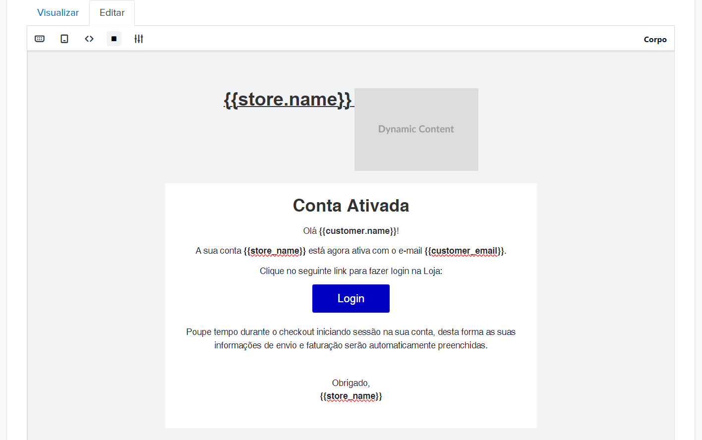 Interface do editor de e-mail
