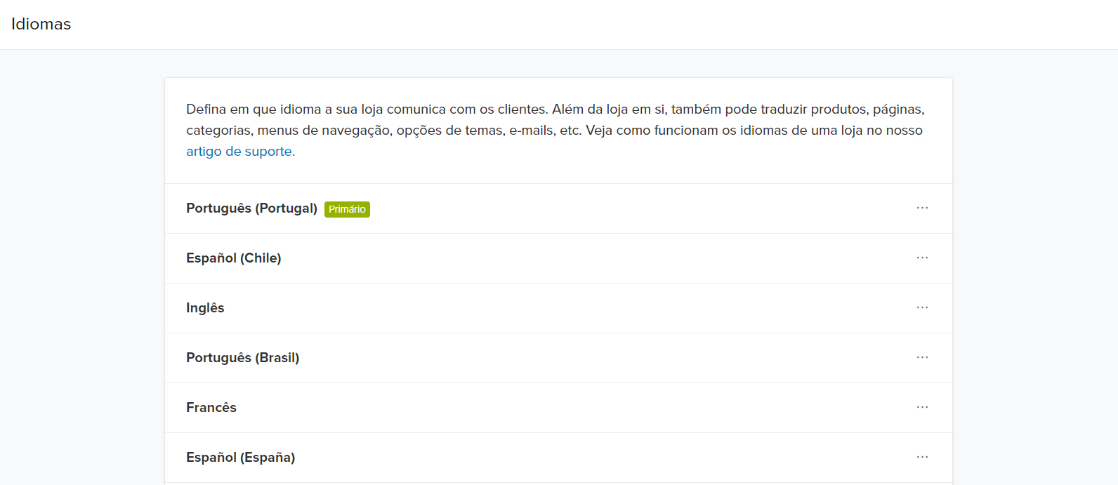Editor de e-mail - Menu Idiomas