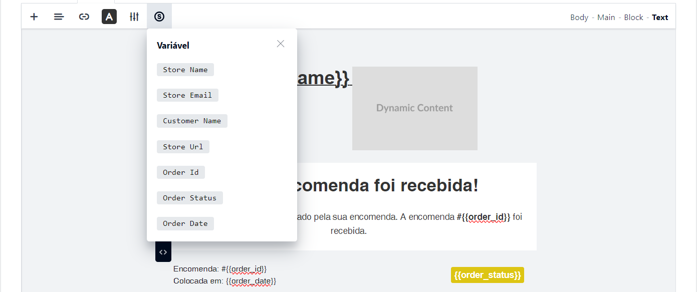 Editor de email - Lista de variáveis