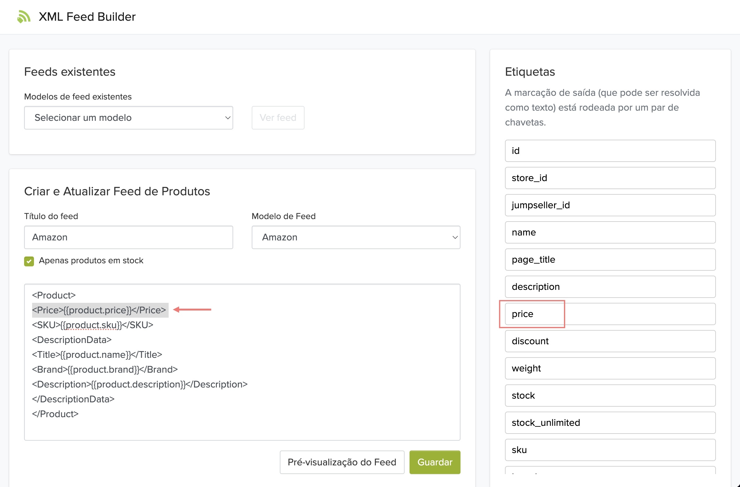 Editar secção XML no XML Feed Builder