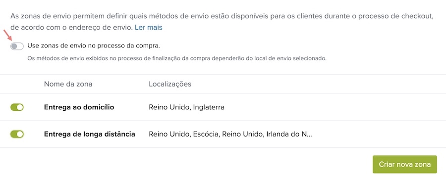 ativar zona de envio