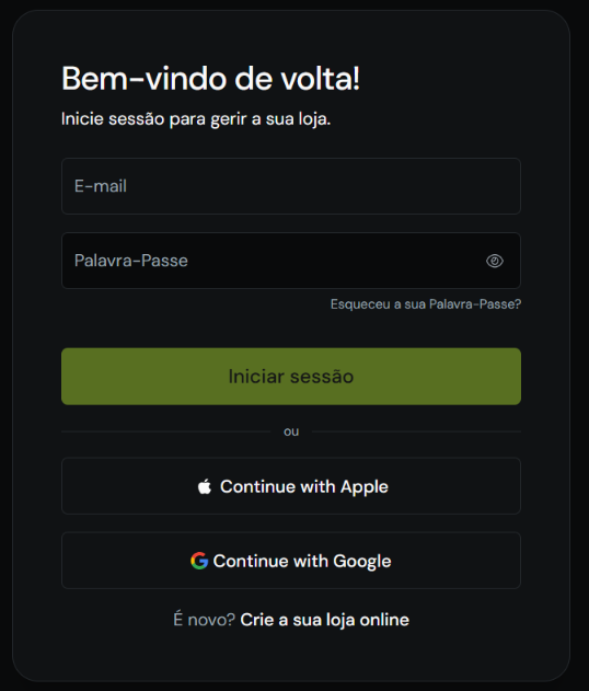 Botões Continuar com a Google e Continuar com a Apple na página de login
