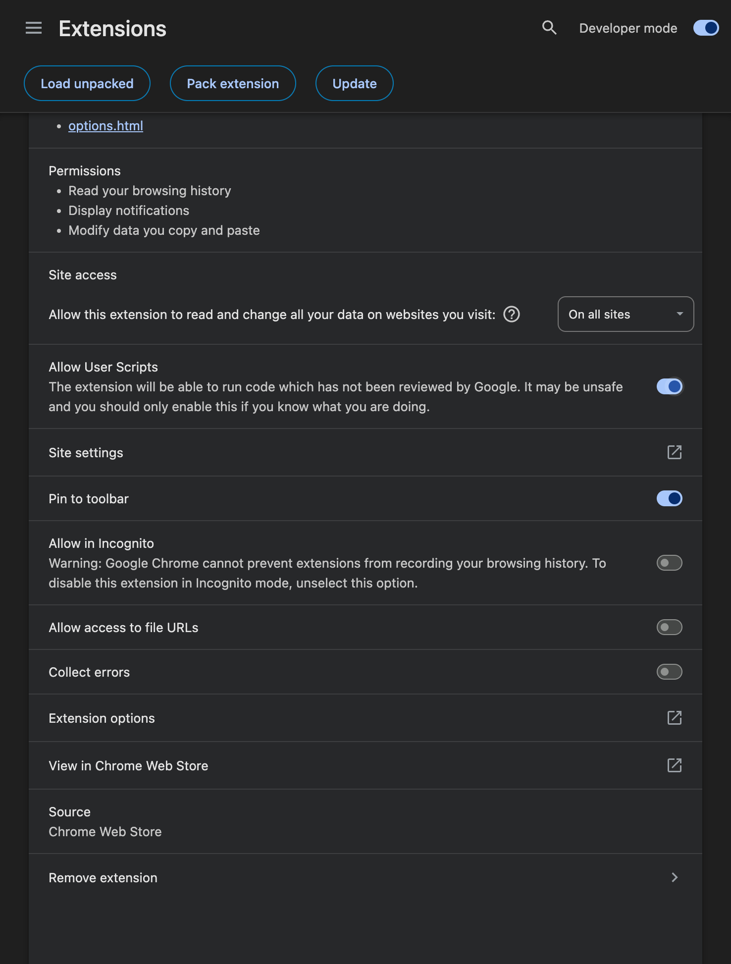 Definições reais do Chrome com Developer mode e Allow User Scripts ativos para o Tampermonkey