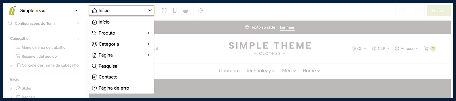 Abrir Barra superior Seleção de template